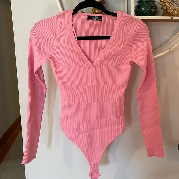 Bershka Tops - Bershka Women's Large L Long Sleeve Pink Ribbed Body Suit Thong